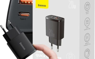 ŁADOWARKA SIECIOWA Baseus Compact Quick Charger CCXJ-B01 20W 1x USB-A 1x USB-C PD 3.0 QC 3.0 CZARNA