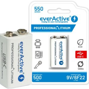 Akumulatorek 6F22 Li-Ion everActive 9V 550mAh z gniazdem USB-C